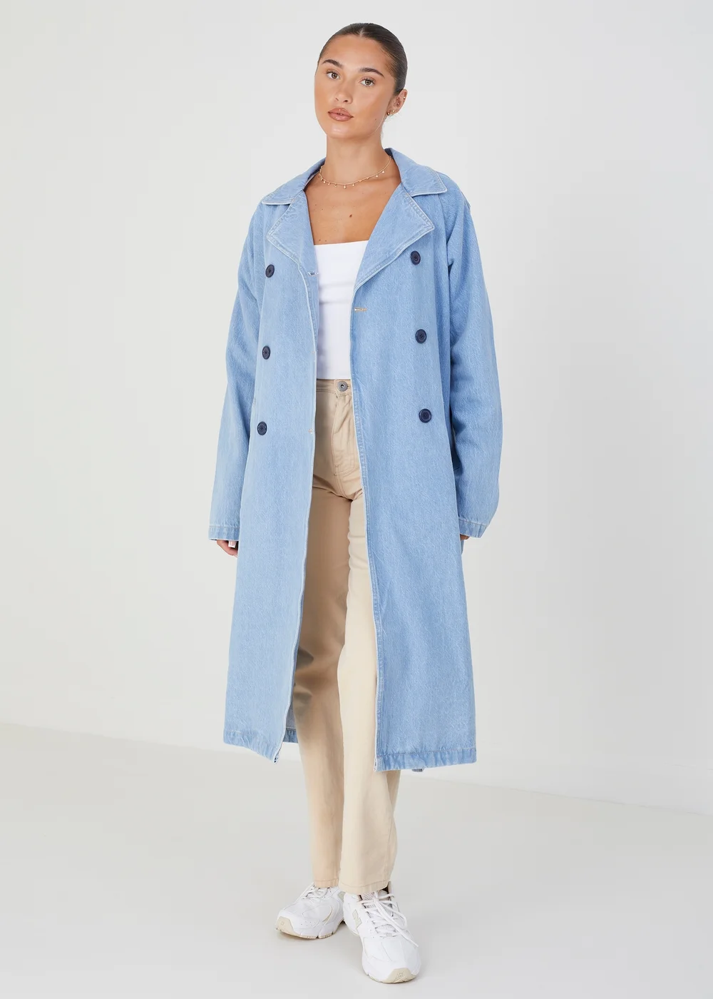 Brave Soul White Double-Breasted Longline Trench Coat with Raglan Sleeves - Size 8 Image 1