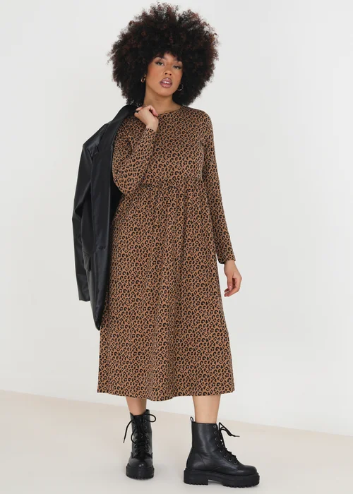 Brave Soul Tan Cotton Animal Print Long Sleeve Midi Smock Dress - Extra small Image 1