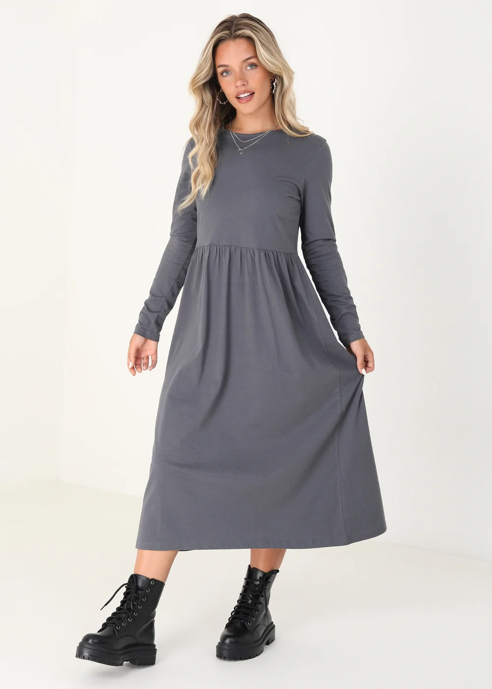 Brave Soul Grey Cotton Long Sleeve Midi Smock Dress - XS | Matalan Brave Soul Grey Cotton Long Sleeve Midi Smock Dress - XS | Matalan