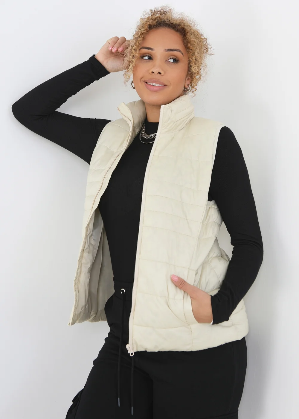 Brave Soul Cream Funnel Neck High Shine Gilet - 8 Image 1