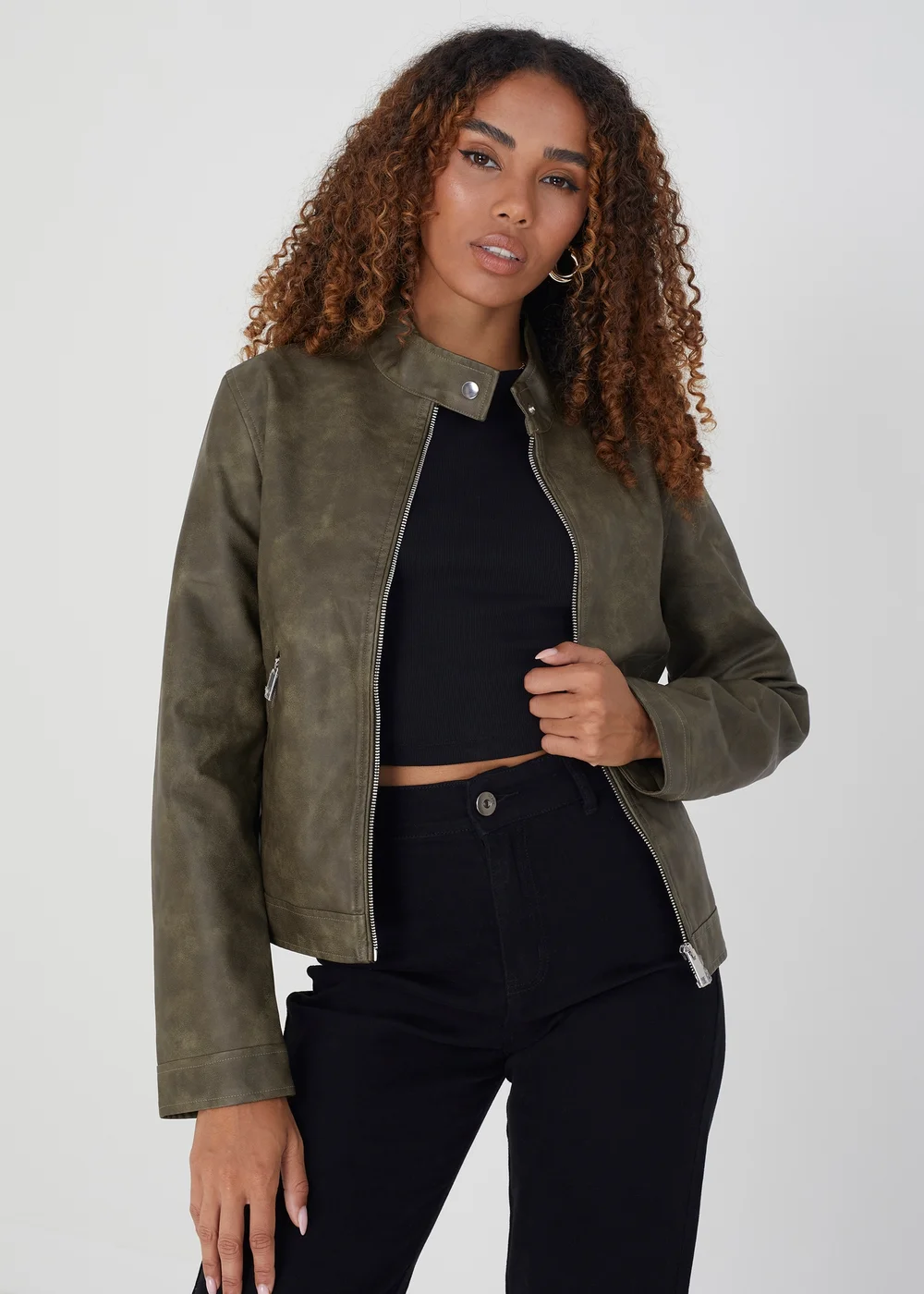 Brave Soul Khaki Faux Leather Round Neck Biker Jacket - 8 Image 1