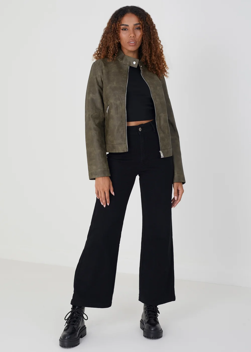 Brave Soul Khaki Faux Leather Round Neck Biker Jacket - 8 Image 3