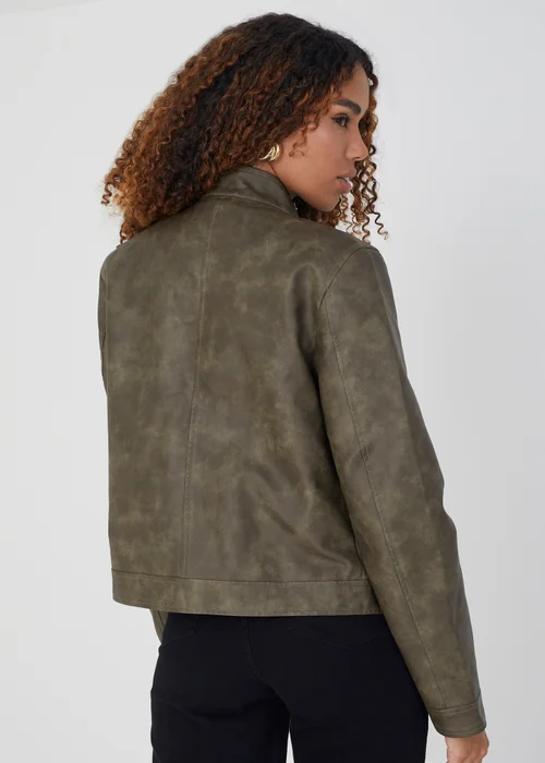 Brave Soul Khaki Faux Leather Round Neck Biker Jacket - 8 Image 2