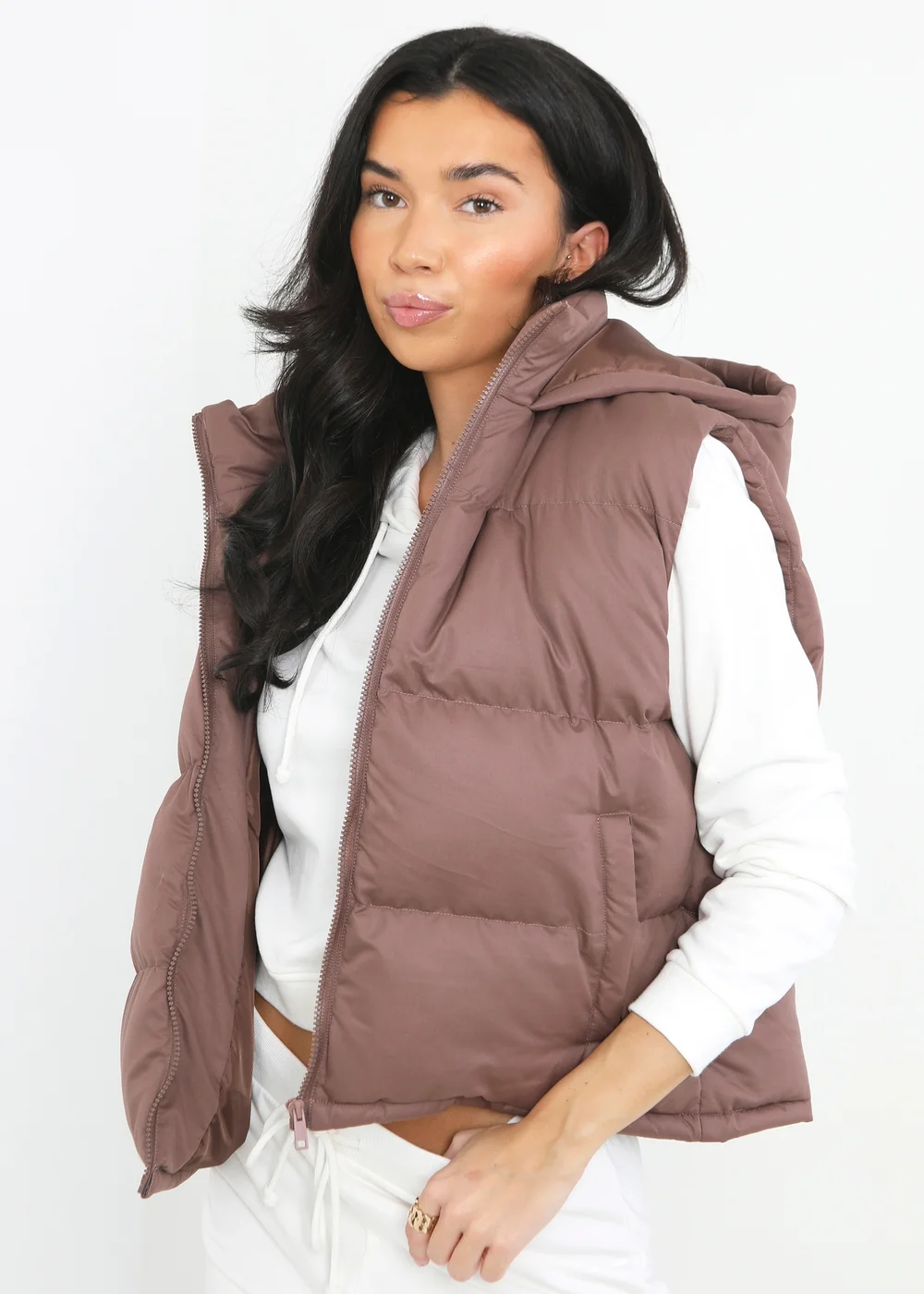 Brave Soul Brown Cropped Hooded Padded Gilet - 8 Image 1