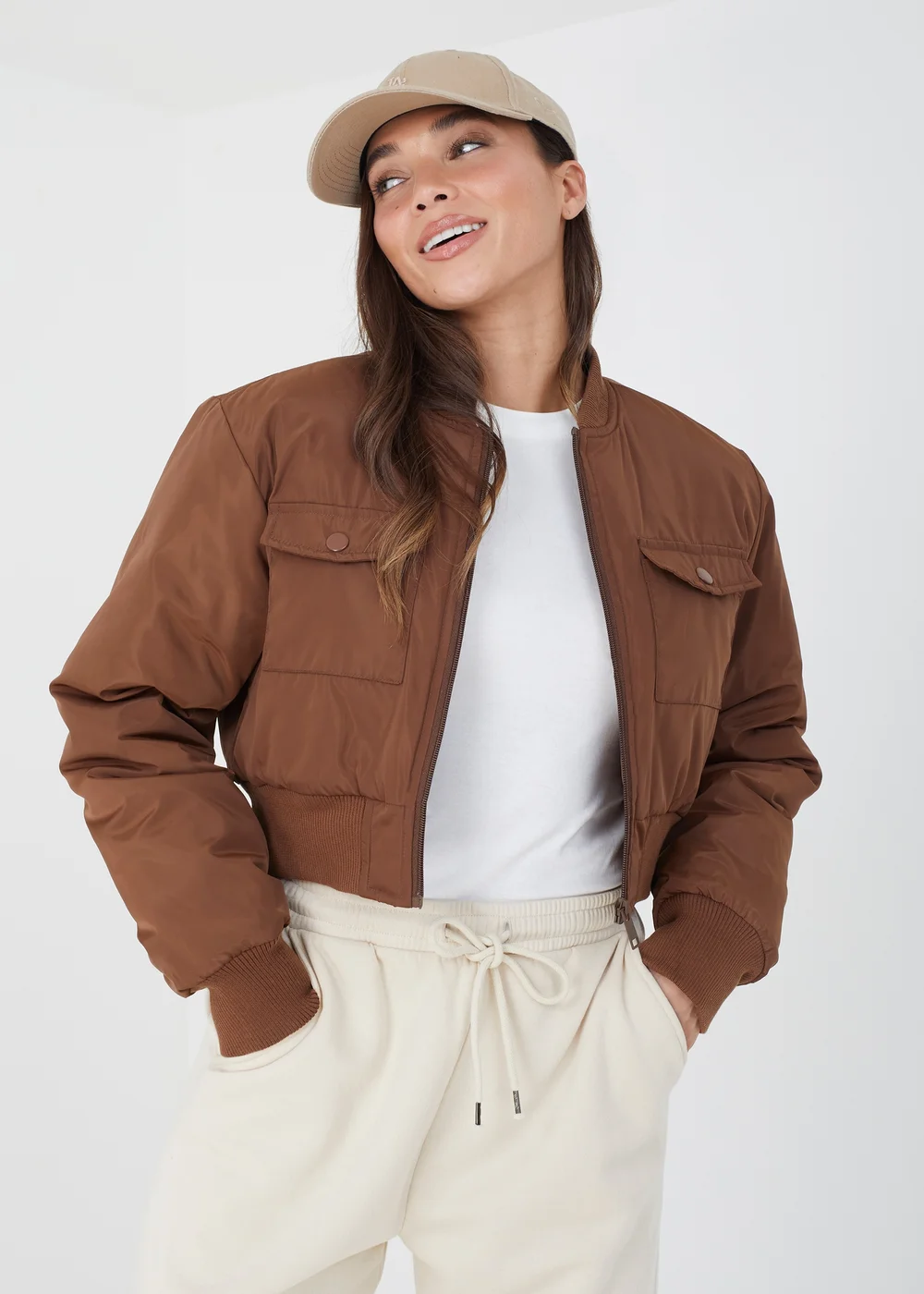Brave Soul Tan Cropped Bomber Jacket - 8 Image 1