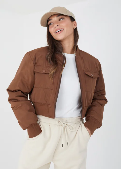 Brave Soul Tan Cropped Bomber Jacket - 8 Image 1