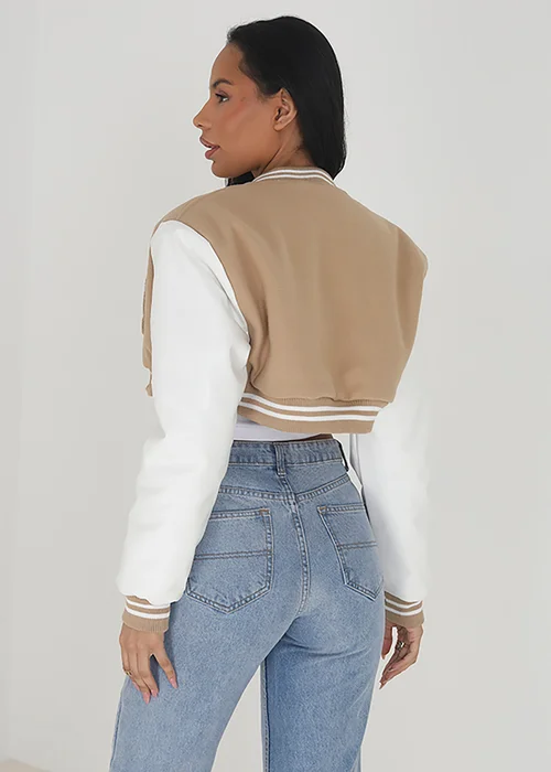 Brave Soul Stone Faux Wool Cropped Varsity Bomber Jacket - 8 Image 2