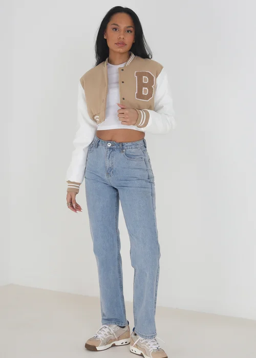 Brave Soul Stone Faux Wool Cropped Varsity Bomber Jacket - 8 Image 3