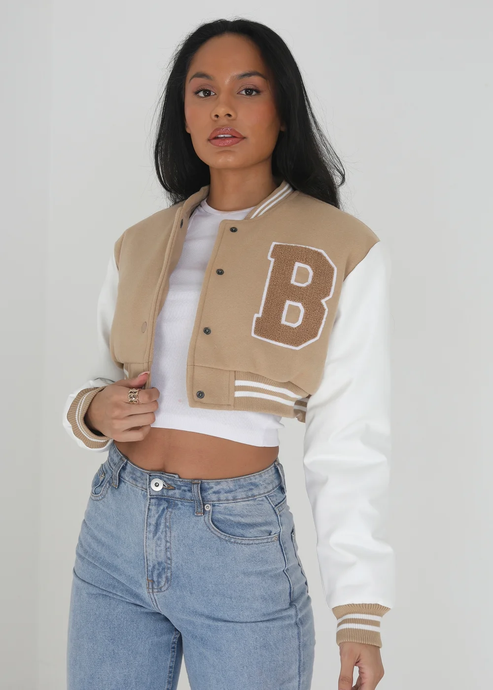 Brave Soul Stone Faux Wool Cropped Varsity Bomber Jacket - 8 Image 1