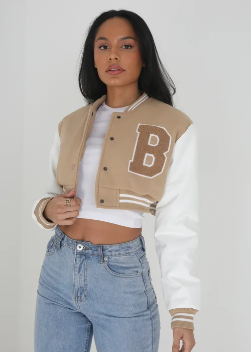 Brave Soul Stone Faux Wool Cropped Varsity Bomber Jacket - 8 Image 1