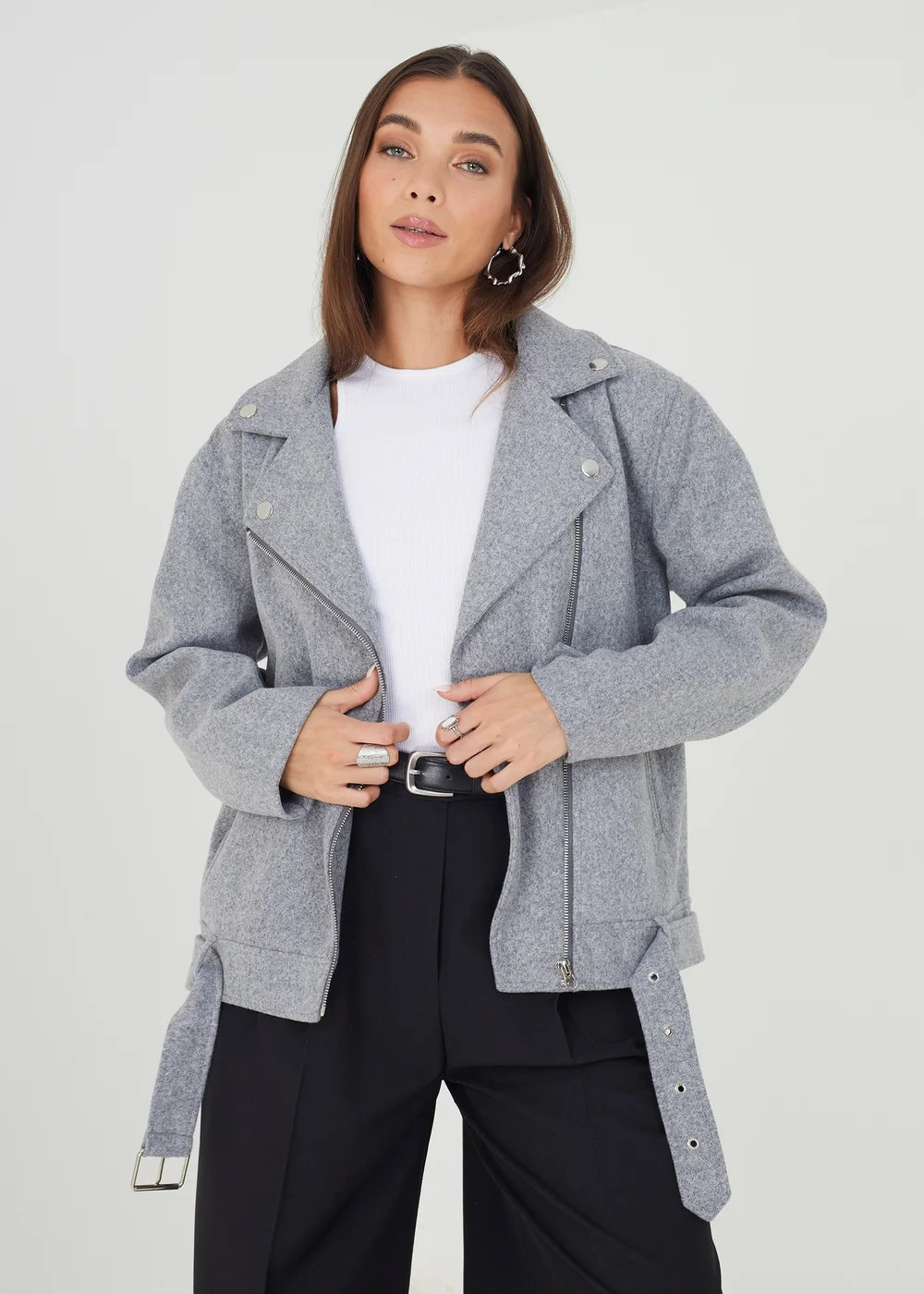 Brave Soul Grey Faux Wool Oversized Biker Style Jacket - 8 Image 1
