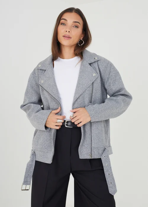 Brave Soul Grey Faux Wool Oversized Biker Style Jacket - 8 Image 1