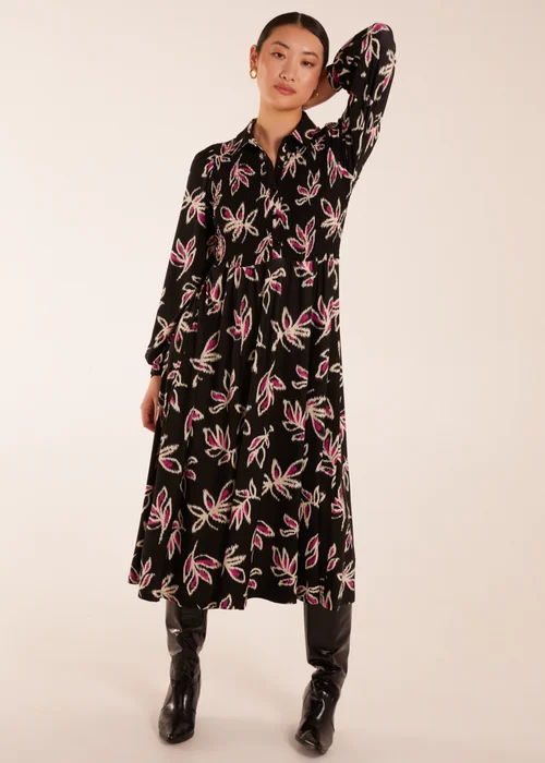 Blue Vanilla Multi Shirred Bust Long Sleeve Midi Shirt Dress - S Image 3