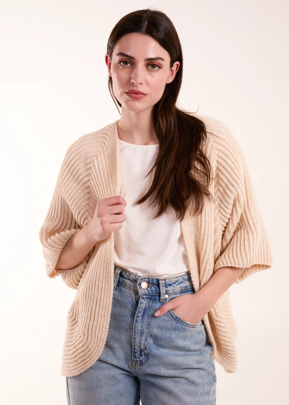 Blue Vanilla Beige Knitted Mid Length Cardigan - One Size Image 1