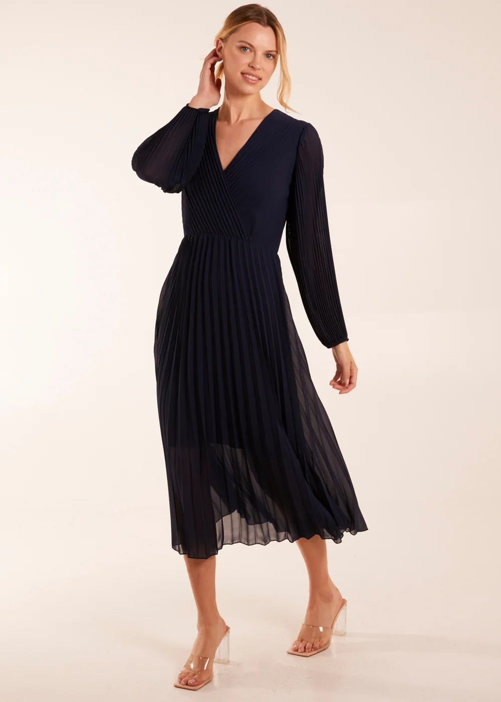Blue Vanilla Navy Wrap Front Pleated Maxi Dress - S/M Image 4