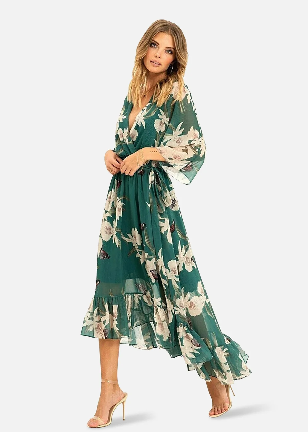 Yumi Floral Print Green Kimono Midi Wrap Dress - 8 Image 2