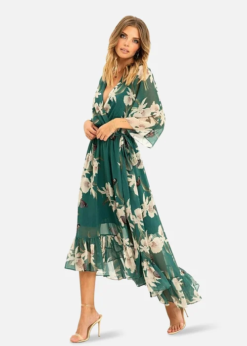Yumi Floral Print Green Kimono Midi Wrap Dress - 8 Image 2