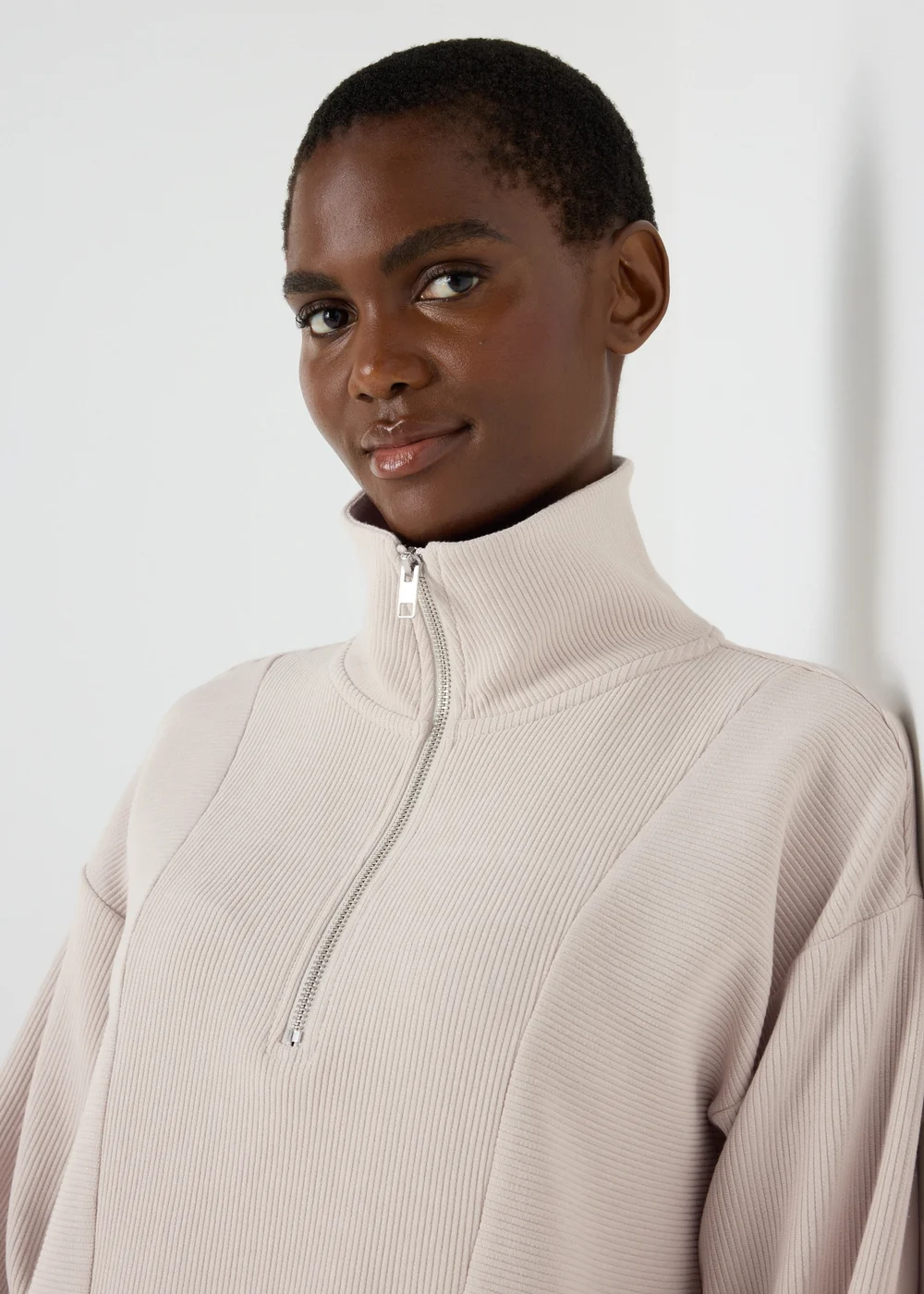 Souluxe Stone Ribbed Half Zip Jumper - S Image 1