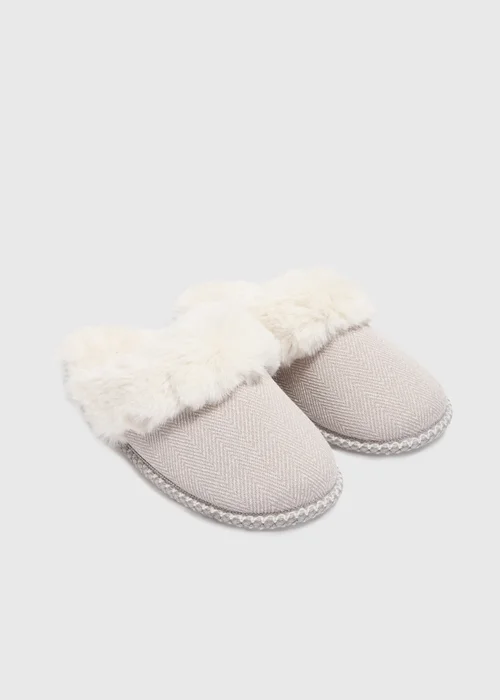 Grey Herringbone Mule Slippers - Small Image 1