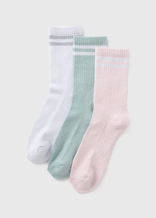 3 Pack Multicoloured Sparkle Sports Crew Socks - One Size Image 1