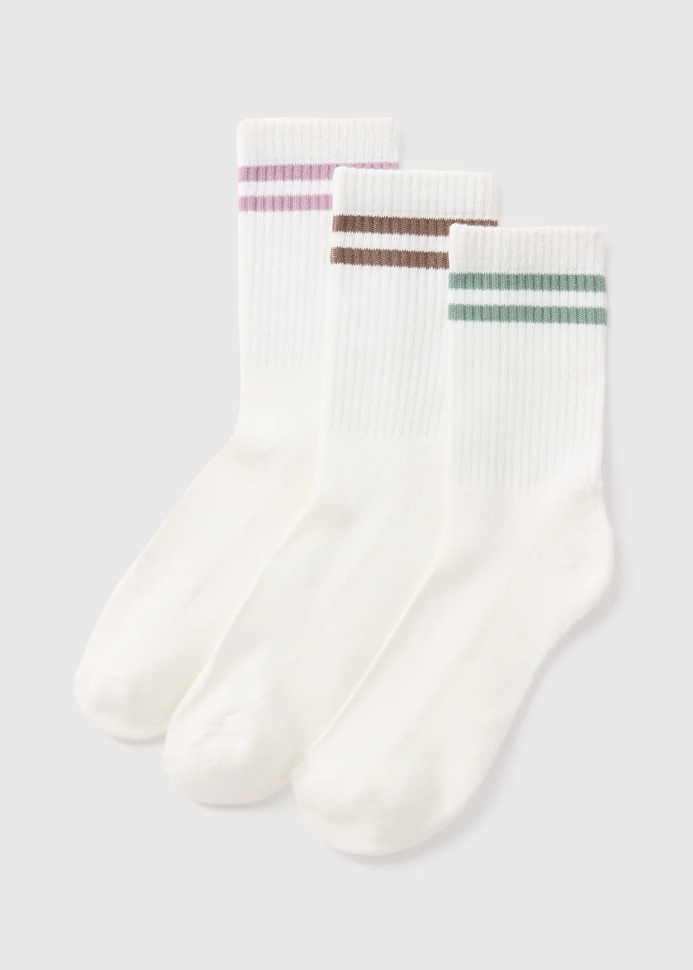 3 Pack Cream Stripe Sports Crew Socks - One Size Image 1