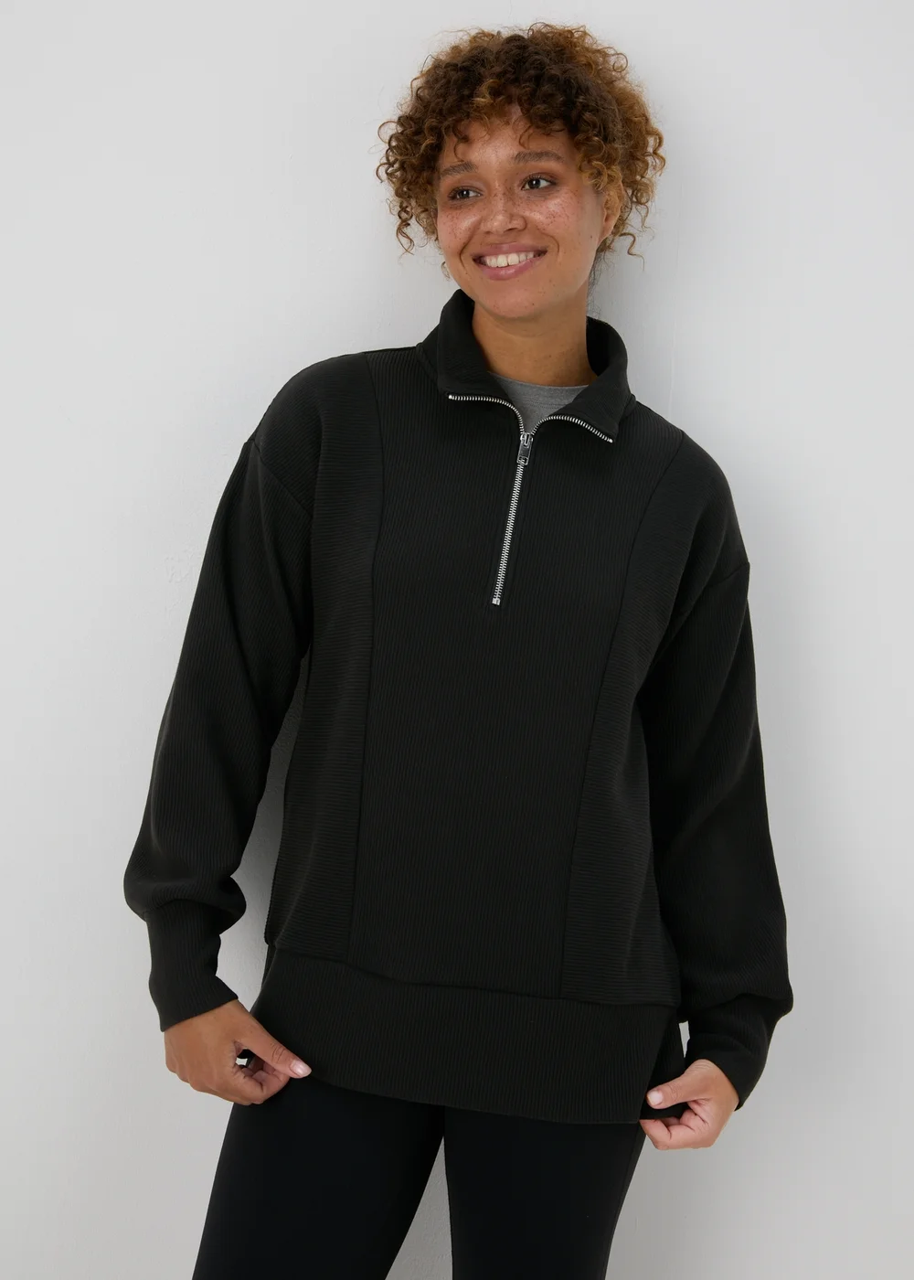 Souluxe Black Ribbed Half Zip Jumper - S Image 1