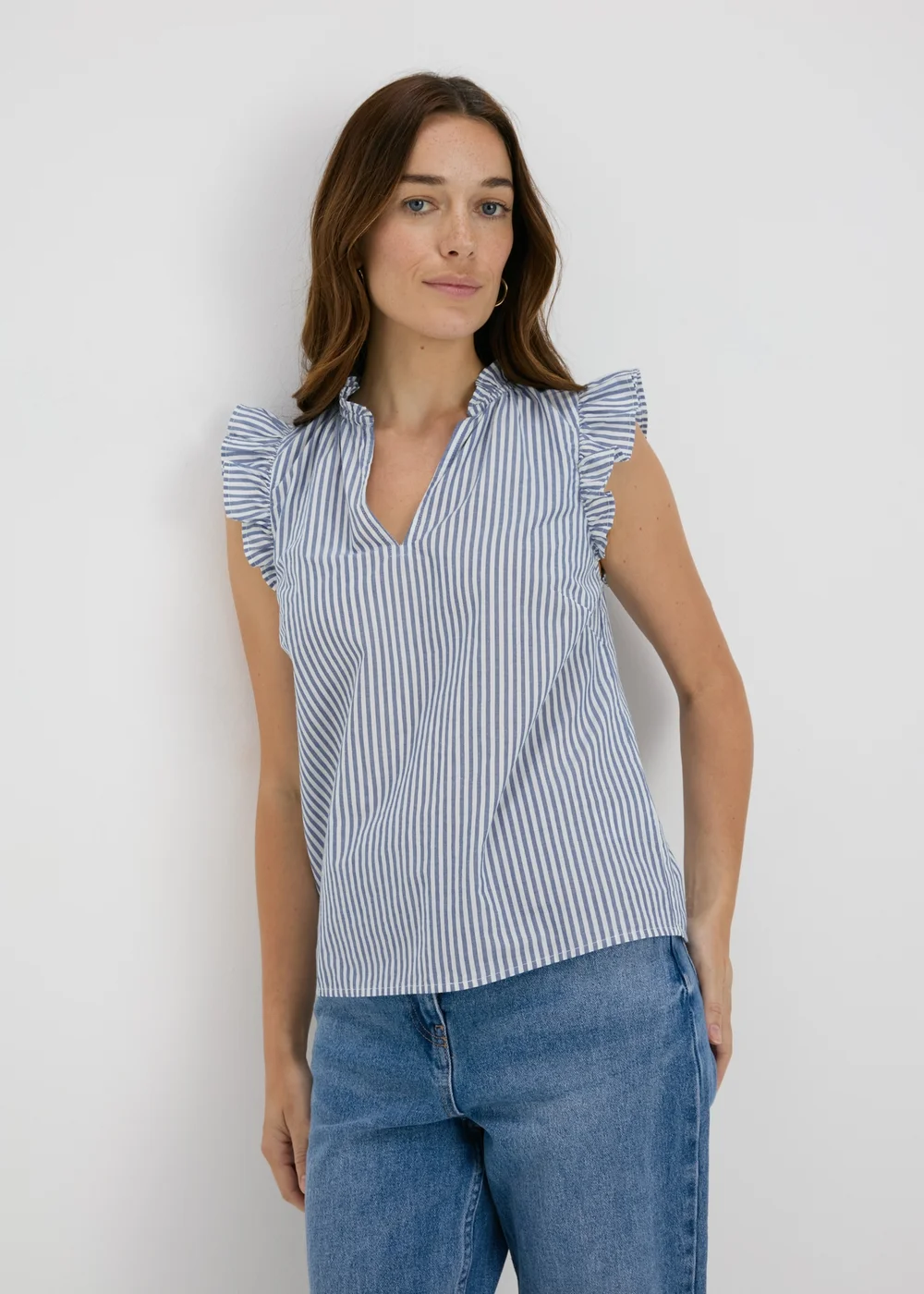 Blue Stripe Frill Sleeve V Neck Vest - 8 Image 4