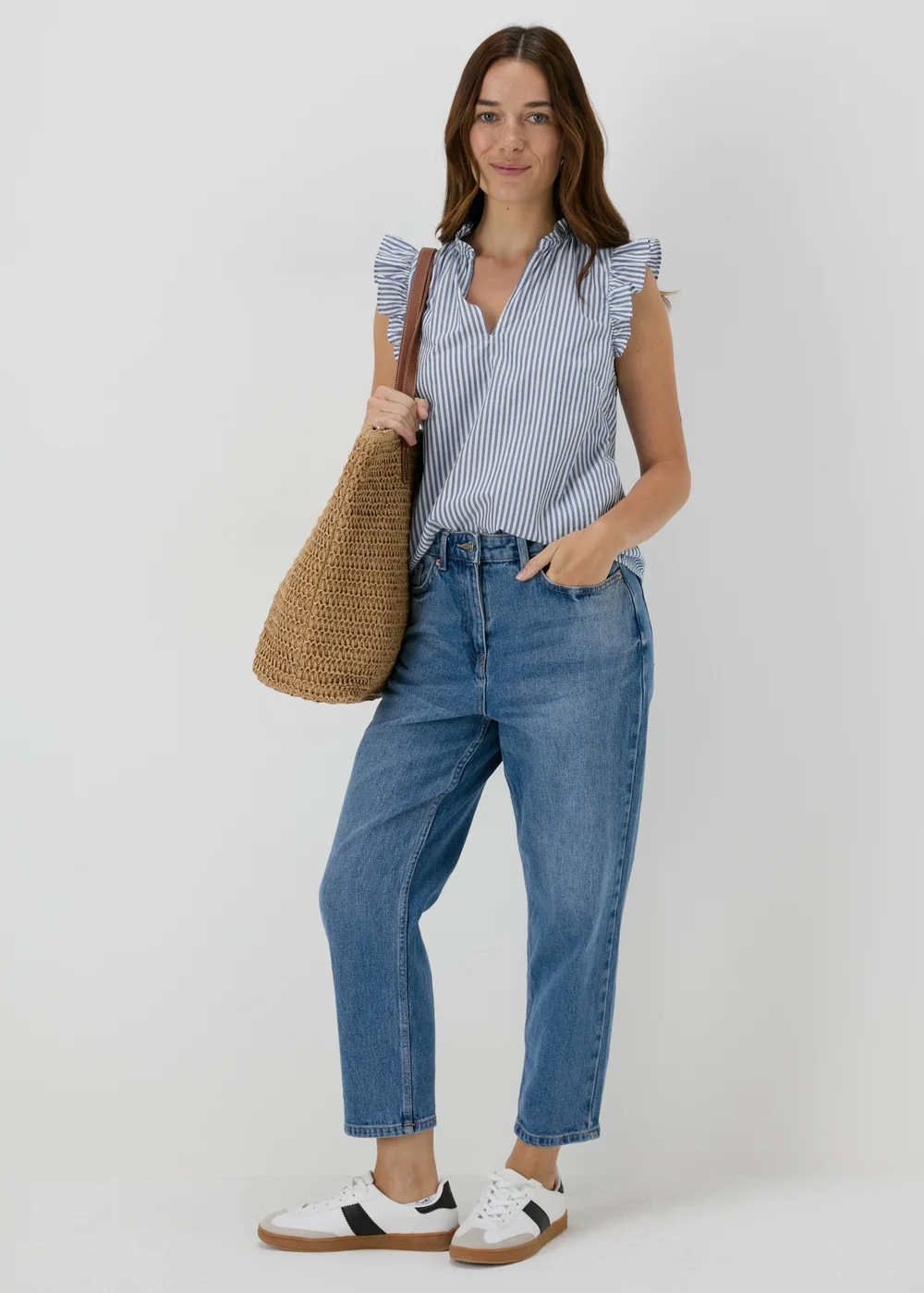 Blue Stripe Frill Sleeve V Neck Vest - 8 Image 2