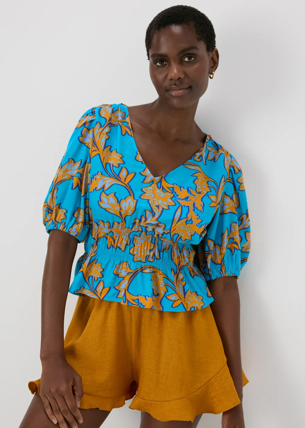 Turquoise Floral V-Neck Blouse - 8 Image 1