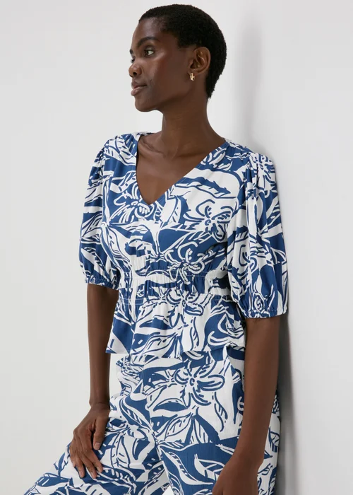 Blue Floral V-Neck Blouse - 8 Image 1