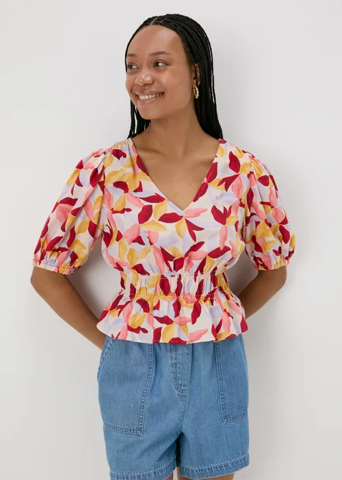 Multicolour Leaf Print V-Neck Blouse - 8 Image 1