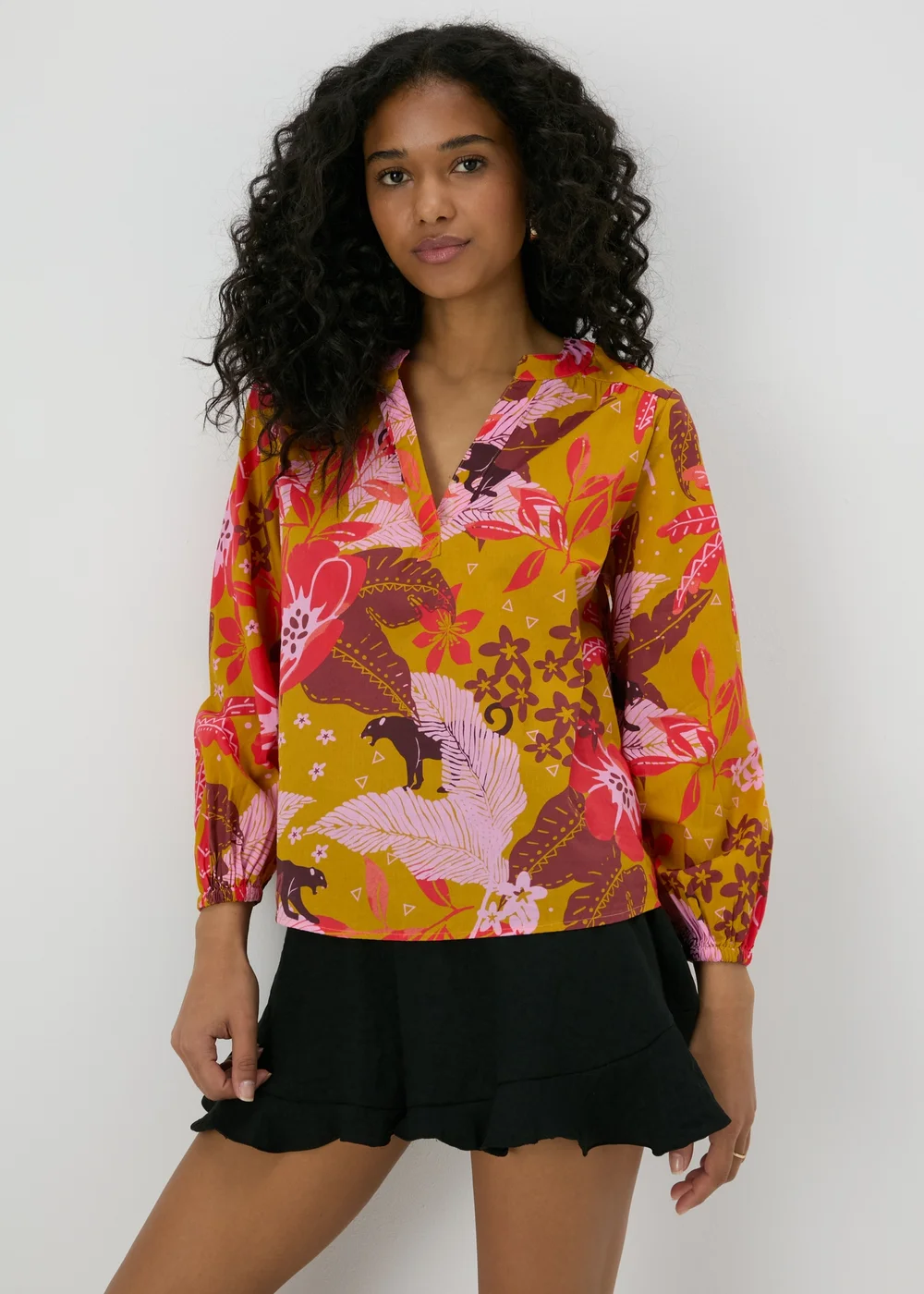 Orange Floral Notched Neck Blouse - 8 Image 1