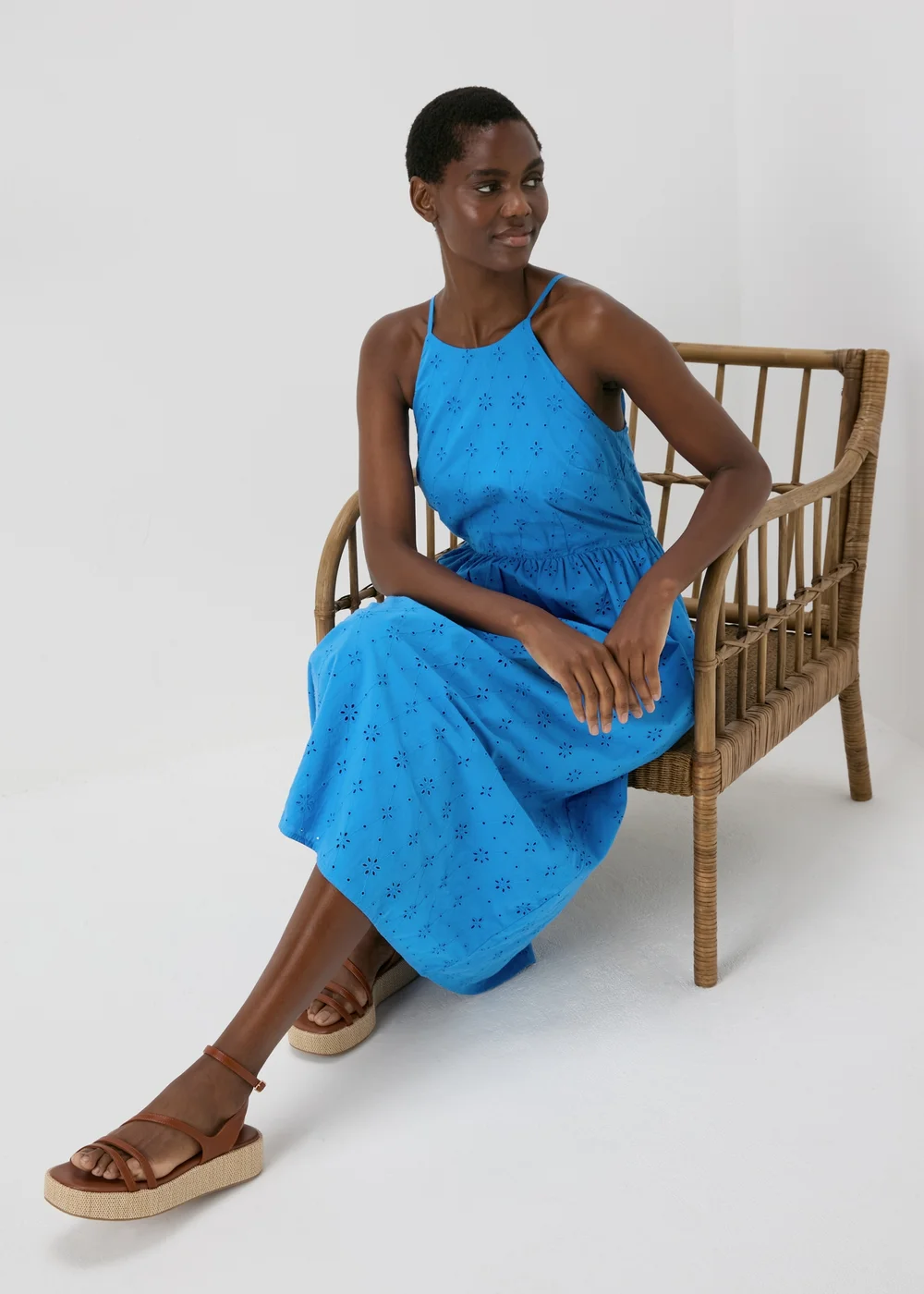 Blue Broderie Racer Neck Midi Dress - 8 Image 1