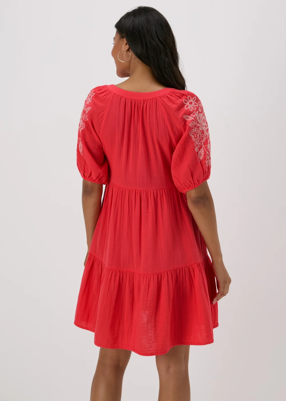 Red Embroidered Smock Tiered Mini Dress - 8 Image 2