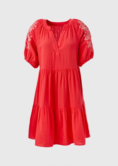 Red Embroidered Smock Tiered Mini Dress - 8 Image 5