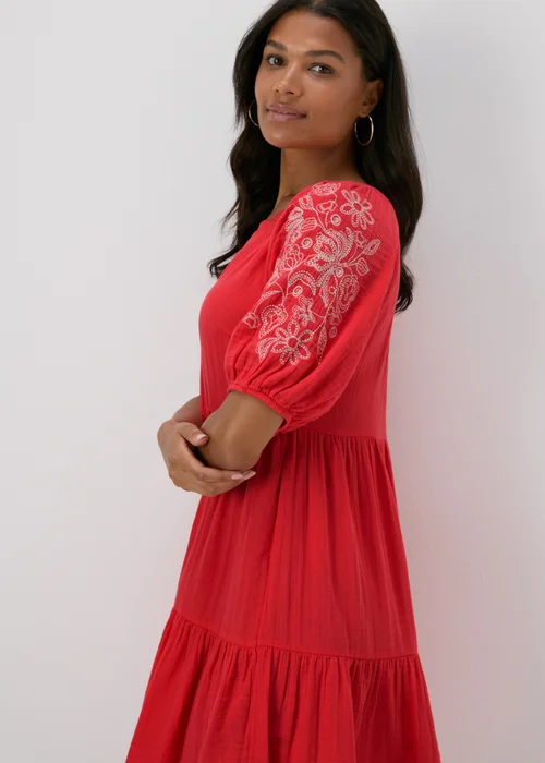 Red Embroidered Smock Tiered Mini Dress - 8 Image 3