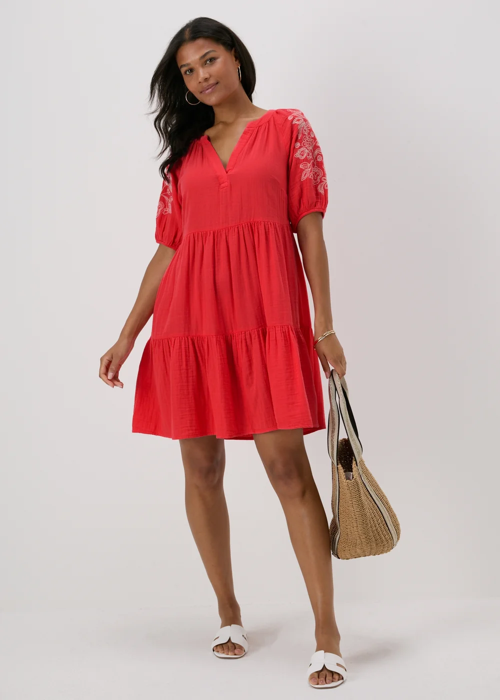 Red Embroidered Smock Tiered Mini Dress - 8 Image 4