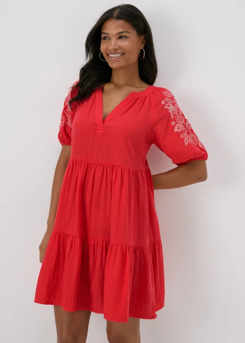 Red Embroidered Smock Tiered Mini Dress - 8 Image 1