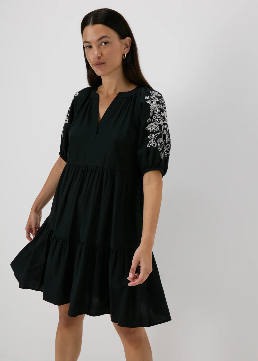 Black Embroidered Tiered Smock Dress - 8 Image 1