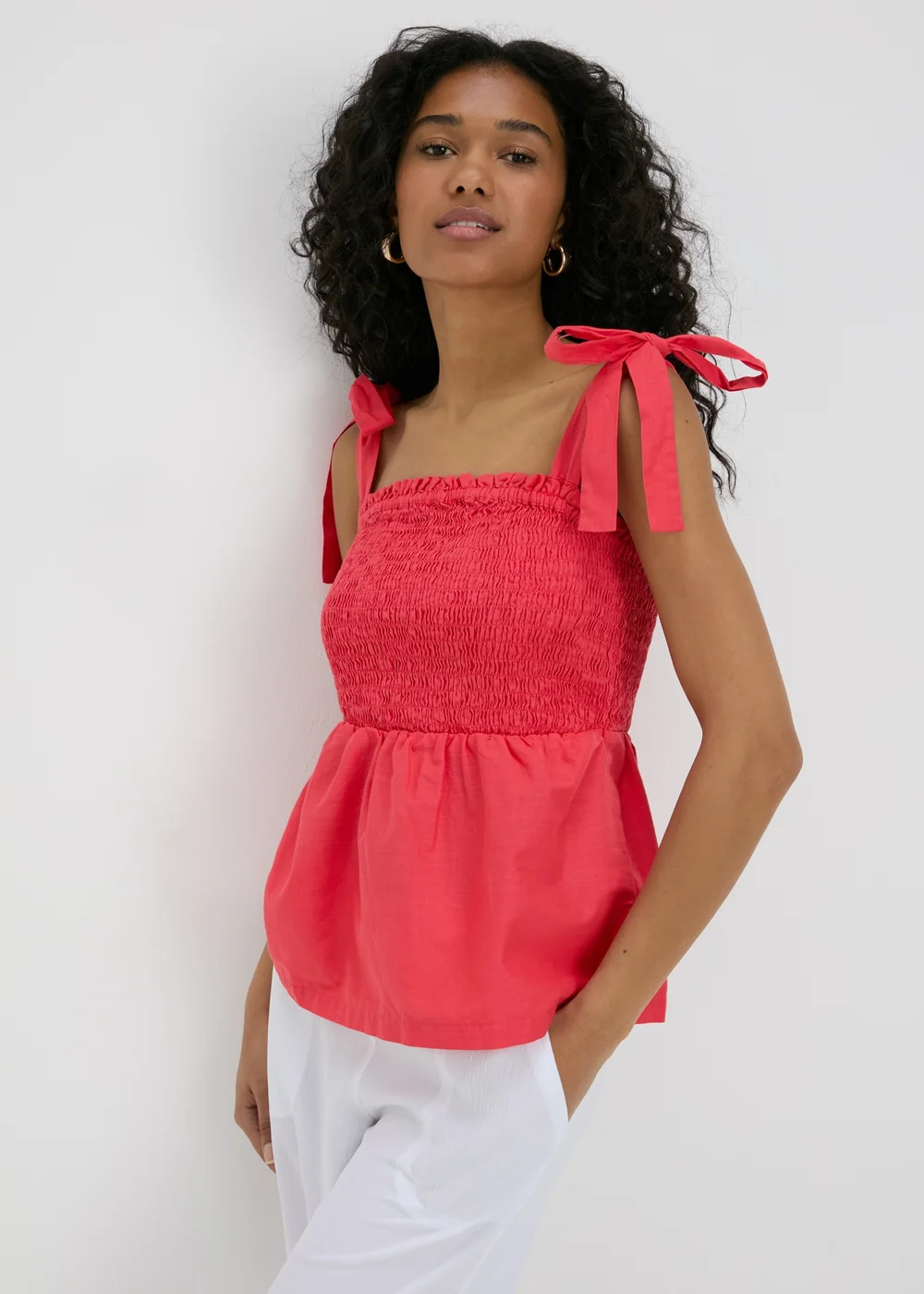 Red Shirred Peplum Blouse - 8 Image 1
