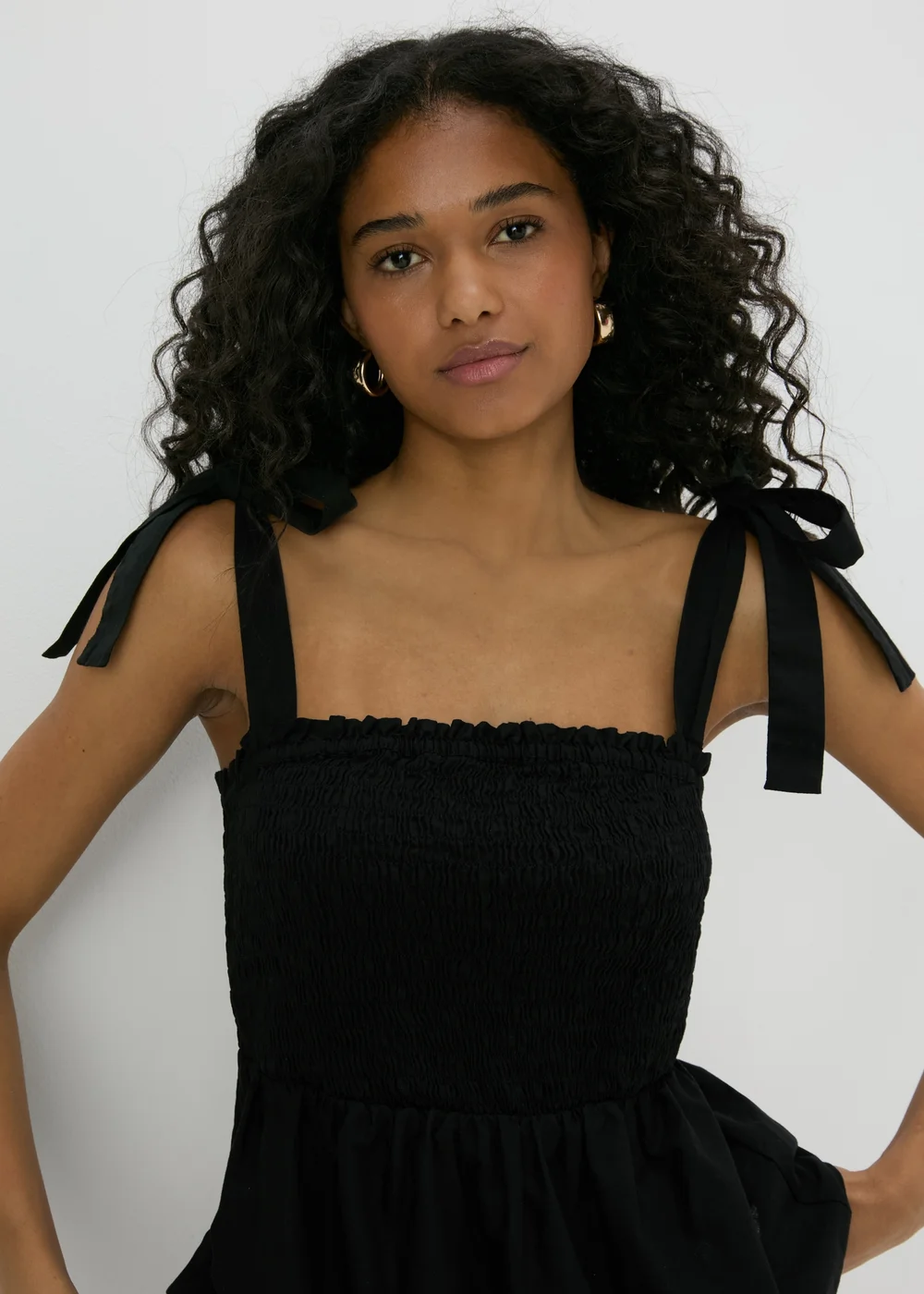 Black Shirred Peplum Blouse - 8 Image 1
