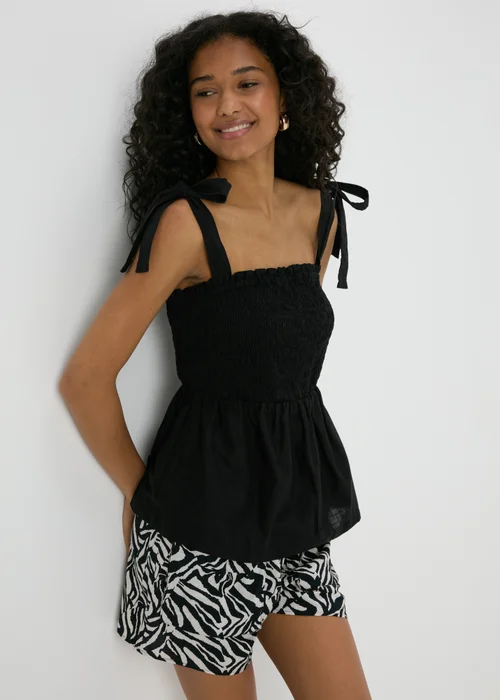 Black Shirred Peplum Blouse - 8 Image 3