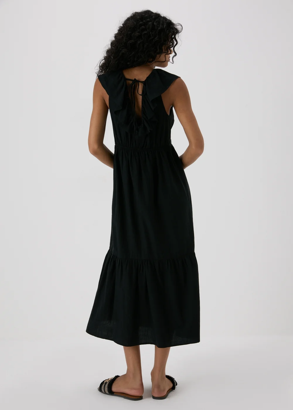 Black V-Neck Frill Midi Dress - 8 Image 2