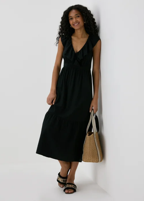 Black V-Neck Frill Midi Dress - 8 Image 4