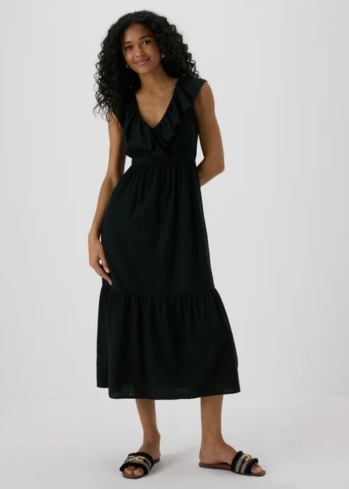 Black V-Neck Frill Midi Dress - 8 Image 1