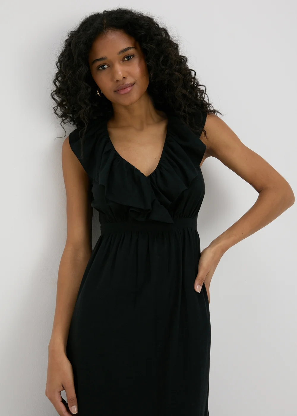 Black V-Neck Frill Midi Dress - 8 Image 3