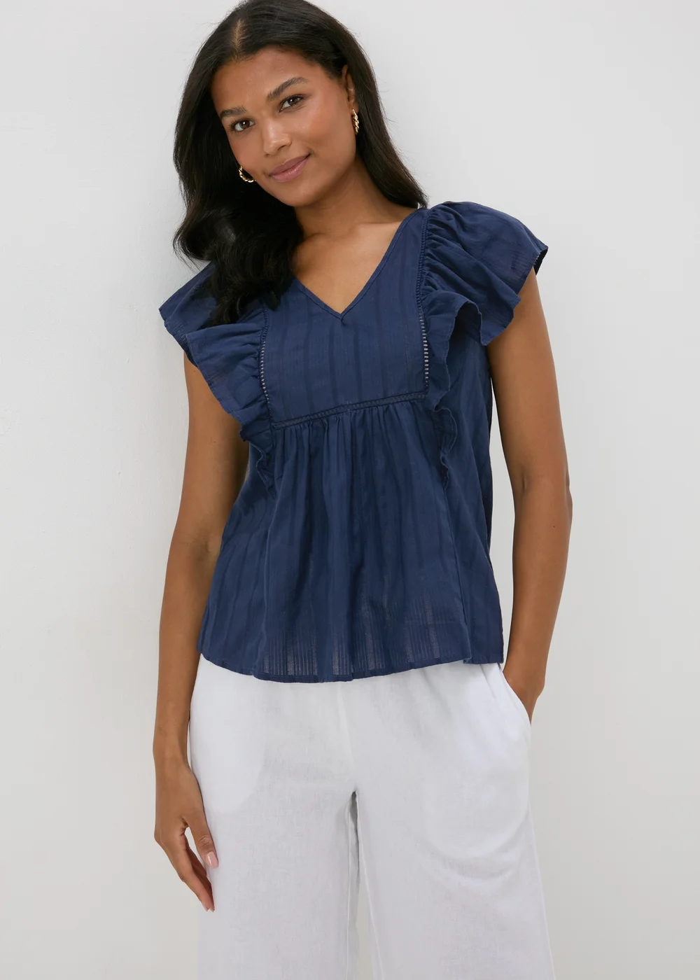 Navy Dobby Frill Sleeve V-Neck Blouse - 8 Image 1