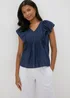 Navy Dobby Frill Sleeve V-Neck Blouse - 8 Image 1