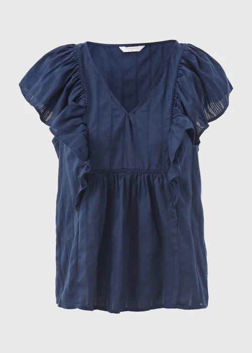 Navy Dobby Frill Sleeve V-Neck Blouse - 8 Image 5