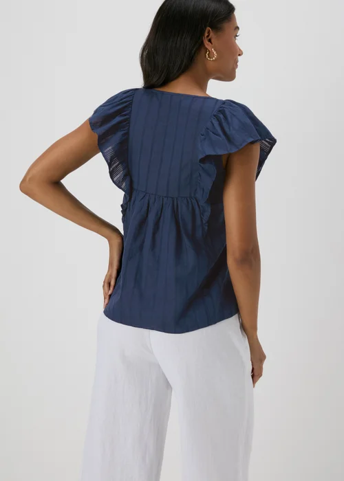 Navy Dobby Frill Sleeve V-Neck Blouse - 8 Image 2